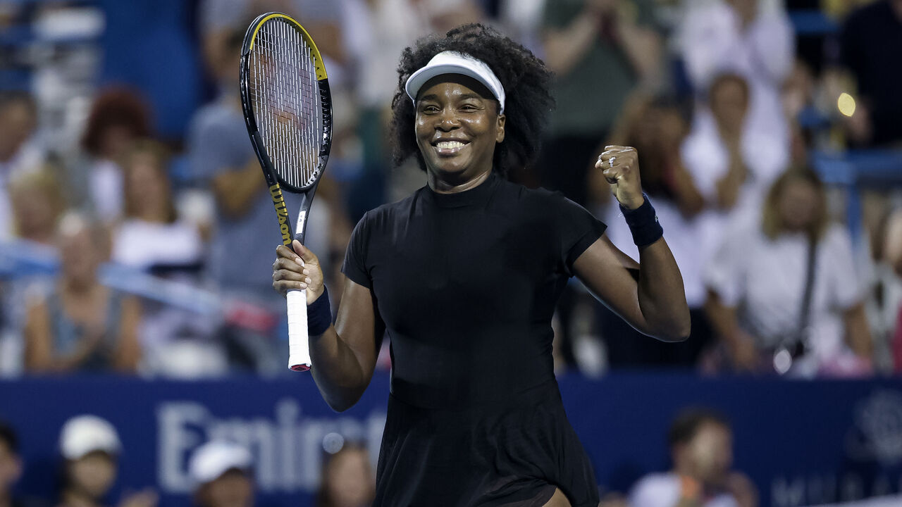 WASHINGTON, DC - JULY 22: Venus Williams celebrates after winning a women's single match against Peyton Stearns (not pictured) on day 2 of the Mubadala Citi DC Open 2025 at William H.G. FitzGerald Tennis Center on July 22, 2025 in Washington, DC.