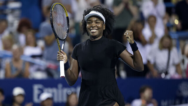 WASHINGTON, DC - JULY 22: Venus Williams celebrates after winning a women's single match against Peyton Stearns (not pictured) on day 2 of the Mubadala Citi DC Open 2025 at William H.G. FitzGerald Tennis Center on July 22, 2025 in Washington, DC.