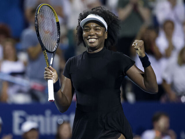 WASHINGTON, DC - JULY 22: Venus Williams celebrates after winning a women's single match against Peyton Stearns (not pictured) on day 2 of the Mubadala Citi DC Open 2025 at William H.G. FitzGerald Tennis Center on July 22, 2025 in Washington, DC.