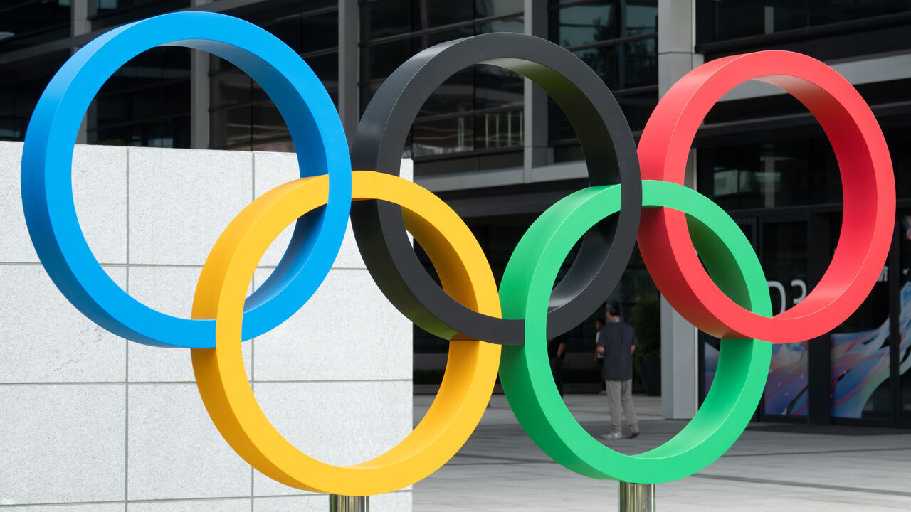 The International Olympic Committee's Olympic Rings logo is seen on the west bank of Xuhui in Shanghai, China, on September 12, 2024.