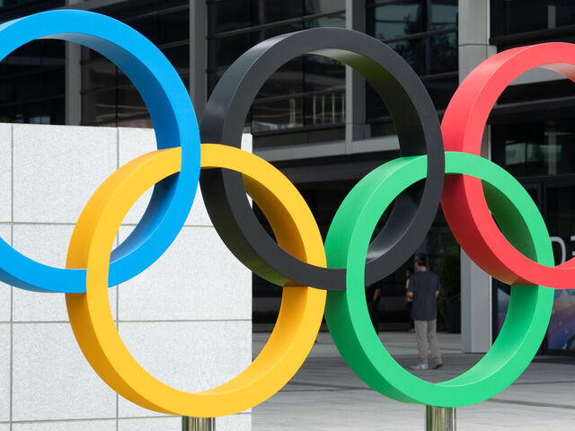 The International Olympic Committee's Olympic Rings logo is seen on the west bank of Xuhui in Shanghai, China, on September 12, 2024.