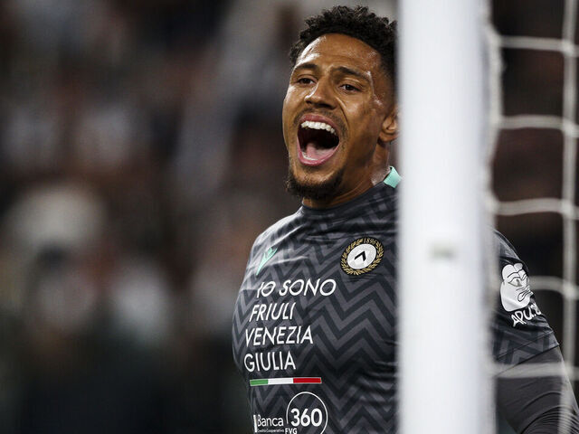 Udinese goalkeeper Maduka Okoye (40) looks on during the Serie A football match number 37 between Juventus and Udinese at the Allianz Stadium in Turin, Piedmont, Italy, on May 18, 2025.