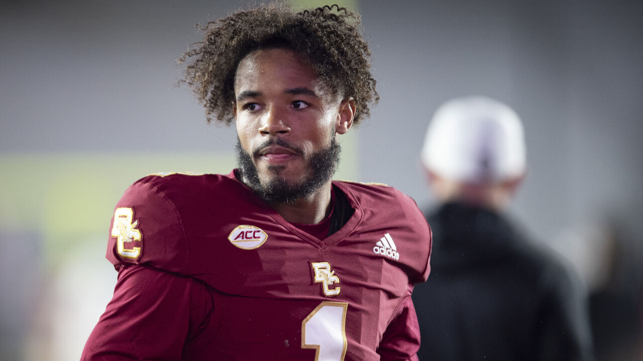 CHESTNUT HILL, MASSACHUSETTS - OCTOBER 25: Thomas Castellanos #1 of the Boston College Eagles looks on before a game against the Louisville Cardinals at Alumni Stadium on October 25, 2024 in Chestnut Hill, Massachusetts.