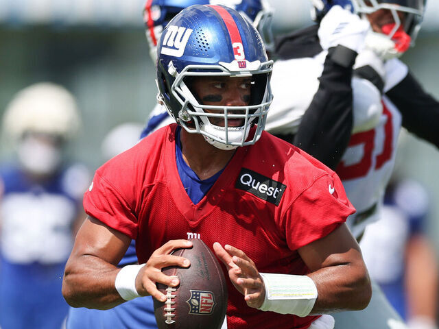 EAST RUTHERFORD, NEW JERSEY - JULY 23: Russell Wilson #3 of the New York Giants looks to pass the ball during training camp at Quest Diagnostics Training Center on July 23, 2025 in East Rutherford, New Jersey.