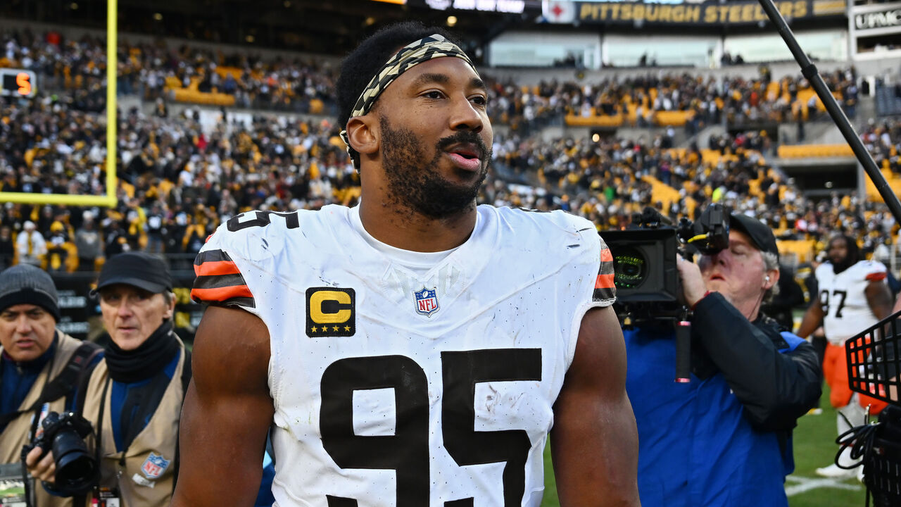 PITTSBURGH, PENNSYLVANIA - DECEMBER 08: Myles Garrett #95 of the Cleveland Browns on the field after their 14-27 loss against the Pittsburgh Steelers at Acrisure Stadium on December 08, 2024 in Pittsburgh, Pennsylvania.