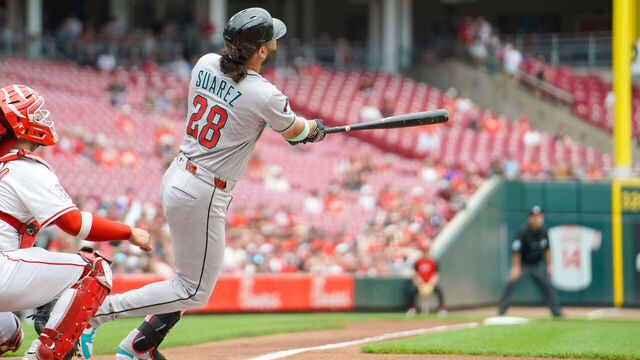 CINCINNATI, OH - JUNE 08: Eugenio Suárez #28 of the Arizona Diamondbacks hits a solo home run in the second inning during the game between the Arizona Diamondbacks and the Cincinnati Reds at Great American Ball Park on Sunday, June 8, 2025 in Cincinnati, Ohio.