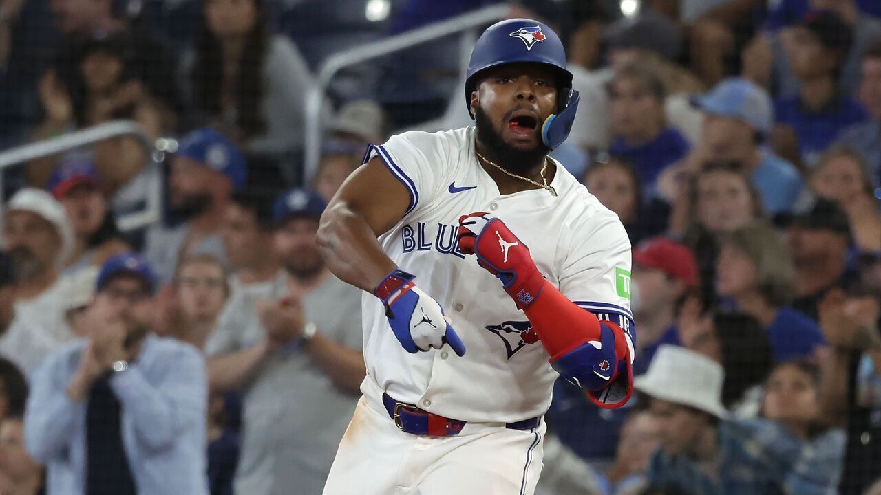 TORONTO, ON - JULY 22 - Toronto Blue Jays first base Vladimir Guerrero Jr. (27) celebrates hitting a lead off single in the ninth inning as the Toronto Blue Jays fall to the New York Yankees 5-4 at Rogers Centre in Toronto. July 22, 2025.