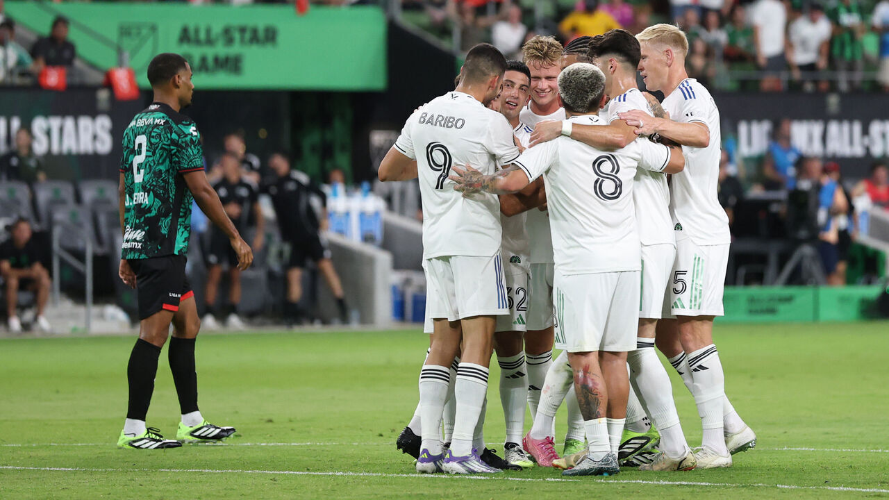 AUSTIN, TEXAS - JULY 23: Tai Baribo of Philadelphia Union and MLS All-Star celebrates after scoring the team's second goal with teammates during the 2025 MLS All-Star Game at Q2 Stadium on July 23, 2025 in Austin, Texas.