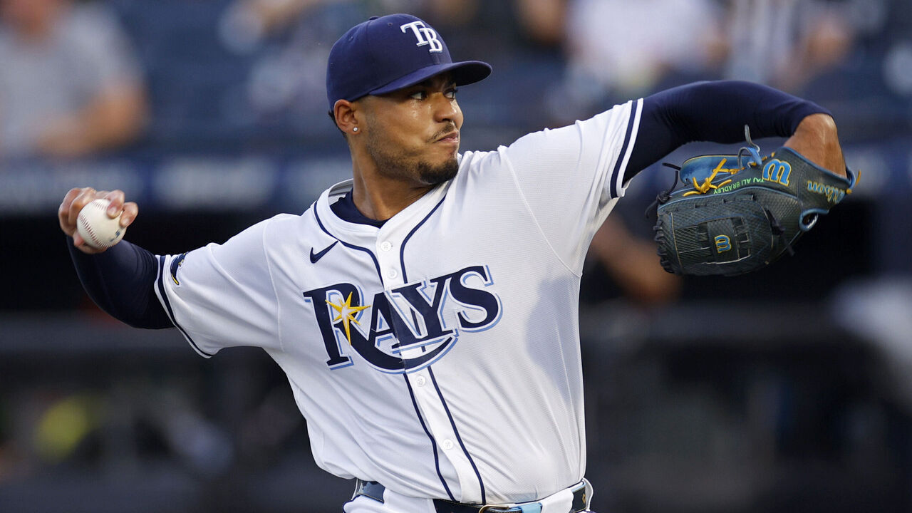 TAMPA, FLORIDA - JULY 23: Taj Bradley #45 of the Tampa Bay Rays pitches in the first inning during the game against the Chicago White Sox at George M. Steinbrenner Field on July 23, 2025 in Tampa, Florida.