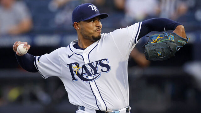 TAMPA, FLORIDA - JULY 23: Taj Bradley #45 of the Tampa Bay Rays pitches in the first inning during the game against the Chicago White Sox at George M. Steinbrenner Field on July 23, 2025 in Tampa, Florida.