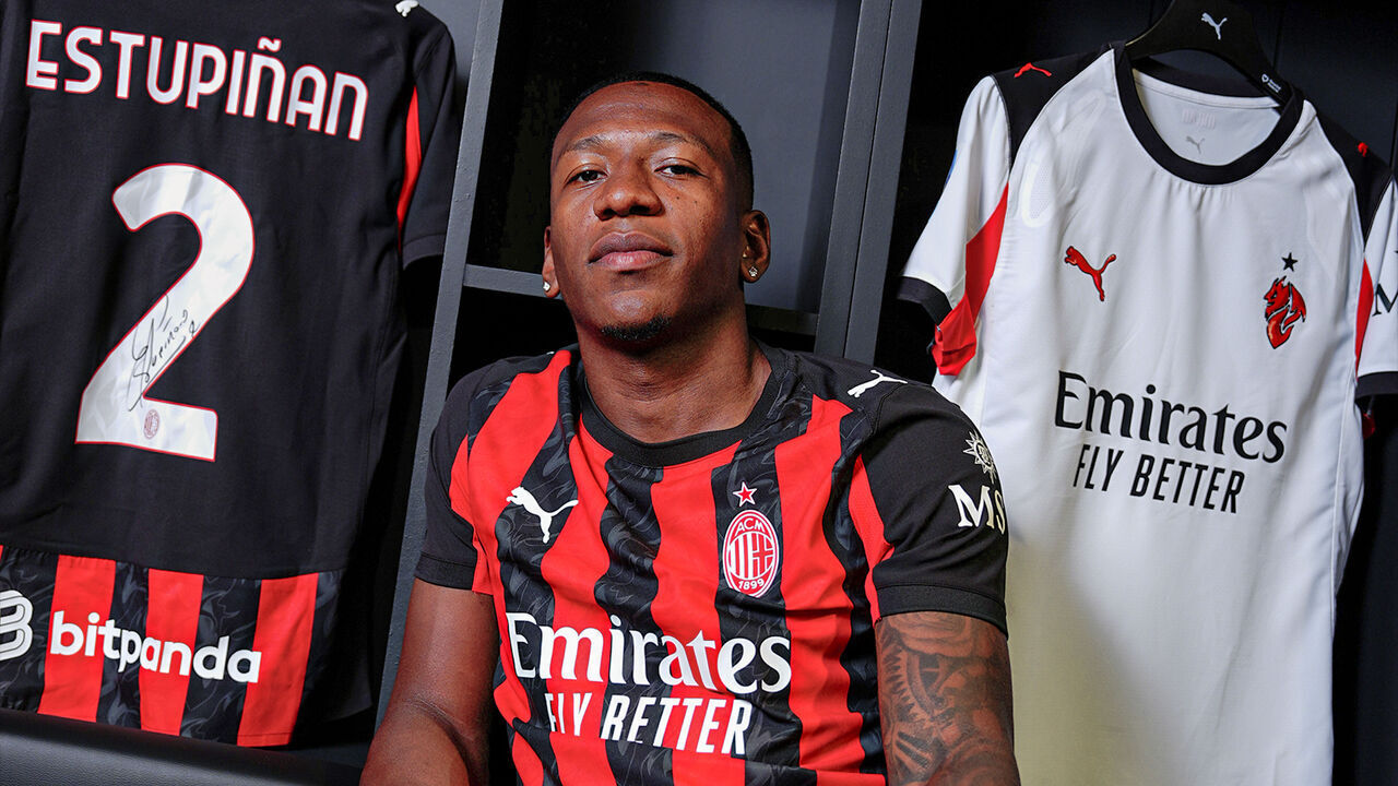 MILAN, ITALY - JULY 23: Pervis Estupinan photo portrait session after signs his contract at Casa Milan on July 23, 2025 in Milan, Italy.