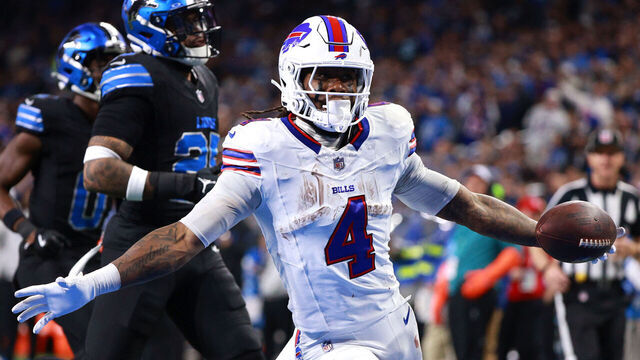 DETROIT,MICHIGAN-December 15: Buffalo Bills running back James Cook #4 reacts after scoring a touchdown during the second half of an NFL football game between the Buffalo Bills and the Detroit Lions at Ford Field in Detroit, Michigan USA, on Sunday, December 15, 2024.