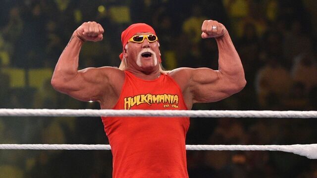 Wrestling legend Hulk Hogan greets the crowd during the World Wrestling Entertainment (WWE) Crown Jewel pay-per-view at the King Saud University Stadium in Riyadh on November 2, 2018.