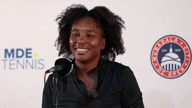 WASHINGTON, DC - JULY 22: Venus Williams participates in a press conference after winning a women's single match against Peyton Stearns (not pictured) on day 2 of the Mubadala Citi DC Open 2025 at William H.G. FitzGerald Tennis Center on July 22, 2025 in Washington, DC.