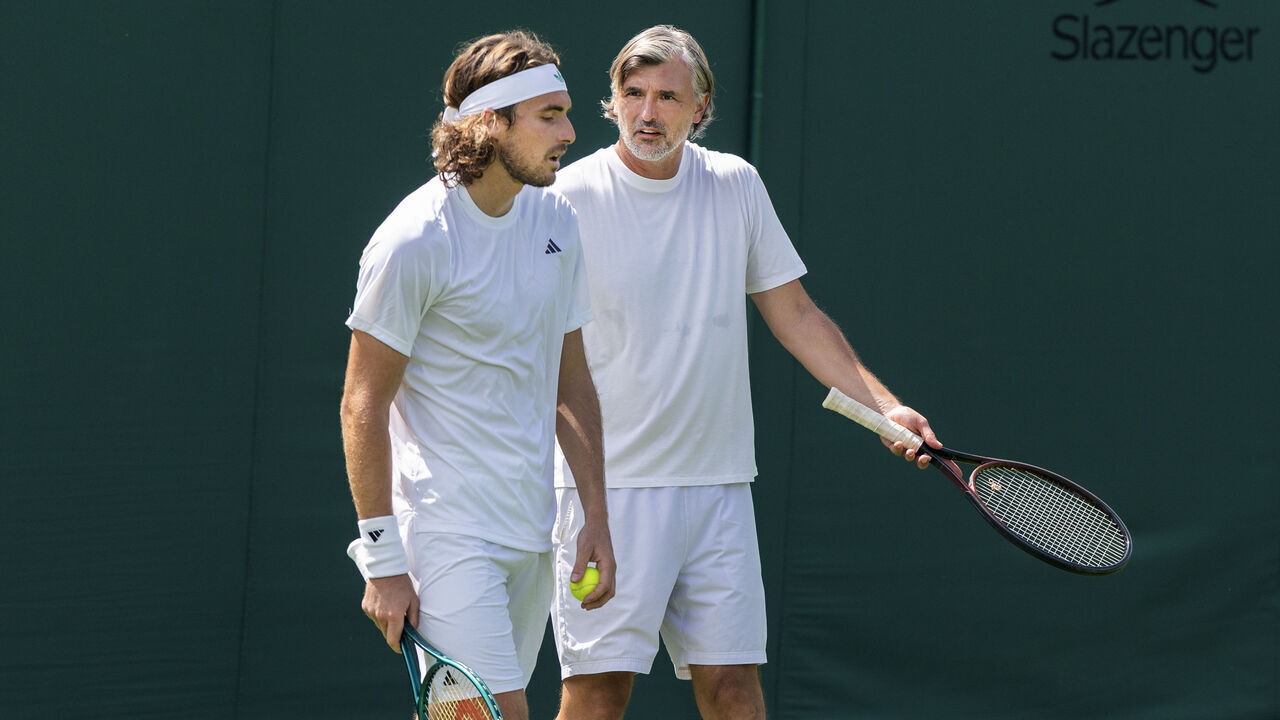 LONDON, ENGLAND - JUNE 27: Stefanos Tsitsipas of Greece with new coach Goran Ivanisevic during practice on Court Three in preparation for the Wimbledon Lawn Tennis Championships at the All England Lawn Tennis and Croquet Club at Wimbledon on June 27th, 2025, in London, England.