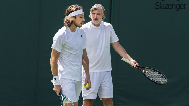 LONDON, ENGLAND - JUNE 27: Stefanos Tsitsipas of Greece with new coach Goran Ivanisevic during practice on Court Three in preparation for the Wimbledon Lawn Tennis Championships at the All England Lawn Tennis and Croquet Club at Wimbledon on June 27th, 2025, in London, England.