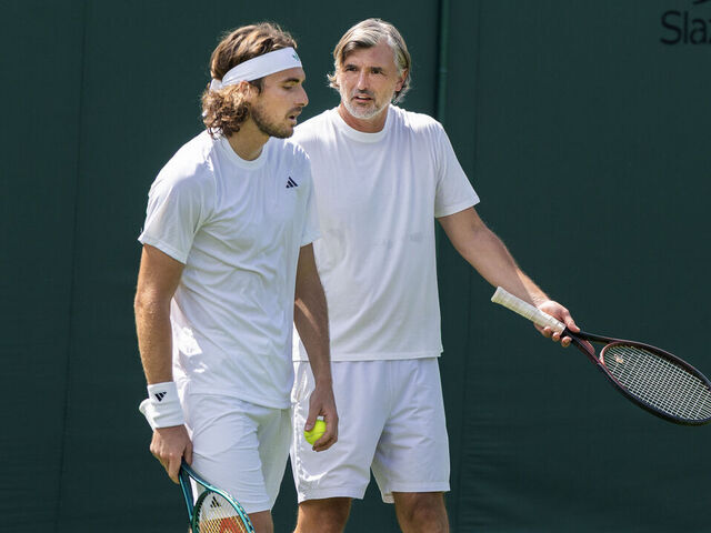 LONDON, ENGLAND - JUNE 27: Stefanos Tsitsipas of Greece with new coach Goran Ivanisevic during practice on Court Three in preparation for the Wimbledon Lawn Tennis Championships at the All England Lawn Tennis and Croquet Club at Wimbledon on June 27th, 2025, in London, England.