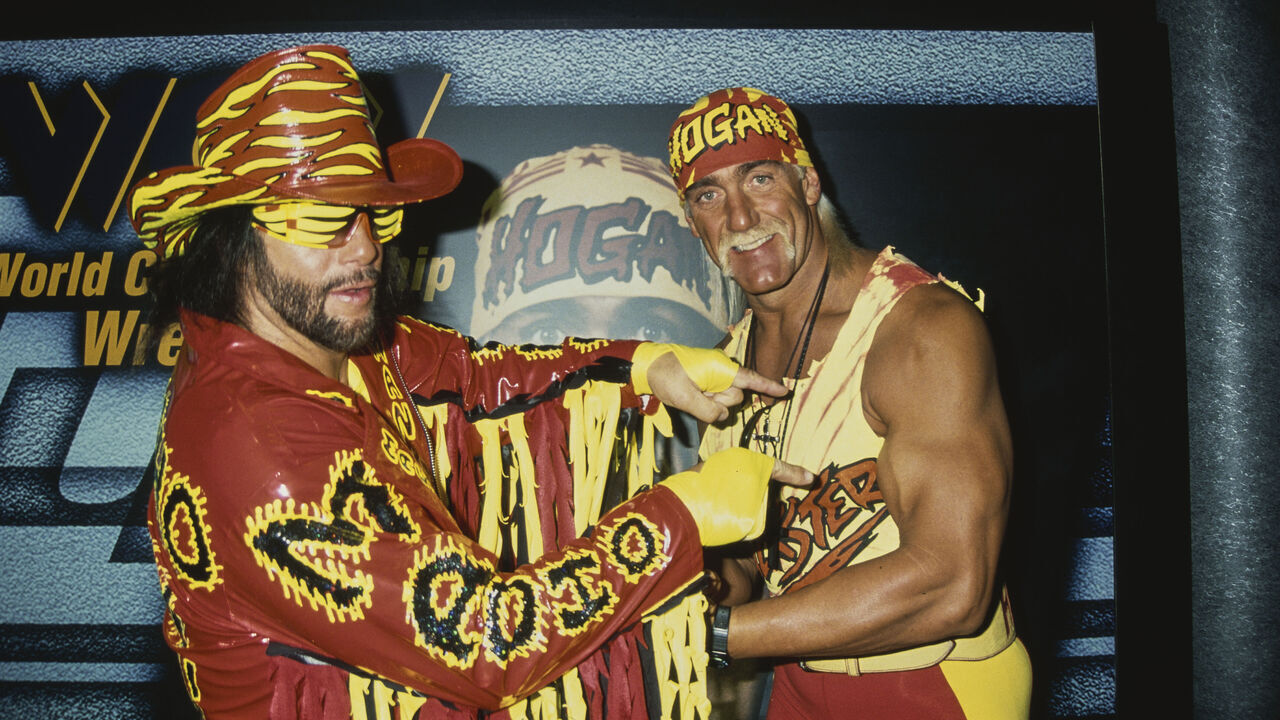 American wrestlers 'Macho Man' Randy Savage (left) and Hulk Hogan attending the NATPE Convention in Las Vegas, January 23rd 1996.