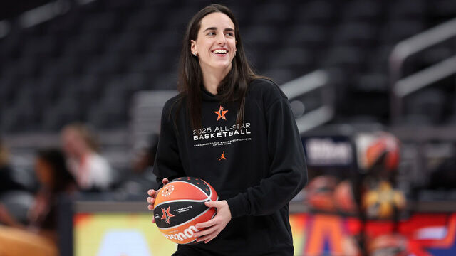 INDIANAPOLIS, INDIANA - JULY 18: Caitlin Clark #22 of the Indiana Fever reacts during the 2025 AT&T WNBA All-Star practice sessions at Gainbridge Fieldhouse on July 18, 2025 in Indianapolis, Indiana.