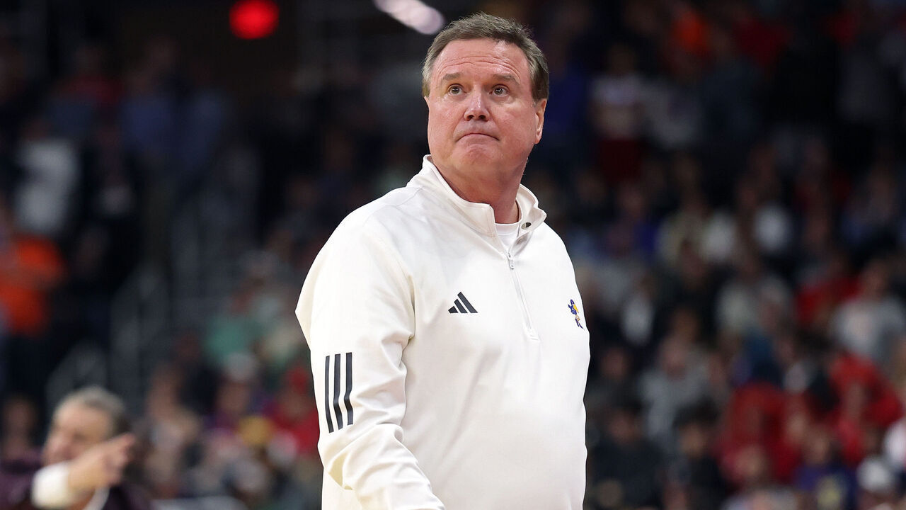 PROVIDENCE, RHODE ISLAND - MARCH 20: Head coach Bill Self of the Kansas Jayhawks looks on during the second half in the first round of the NCAA Men's Basketball Tournament against the Arkansas Razorbacks at Amica Mutual Pavillion on March 20, 2025 in Providence, Rhode Island.