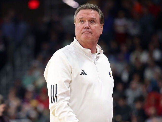 PROVIDENCE, RHODE ISLAND - MARCH 20: Head coach Bill Self of the Kansas Jayhawks looks on during the second half in the first round of the NCAA Men's Basketball Tournament against the Arkansas Razorbacks at Amica Mutual Pavillion on March 20, 2025 in Providence, Rhode Island.