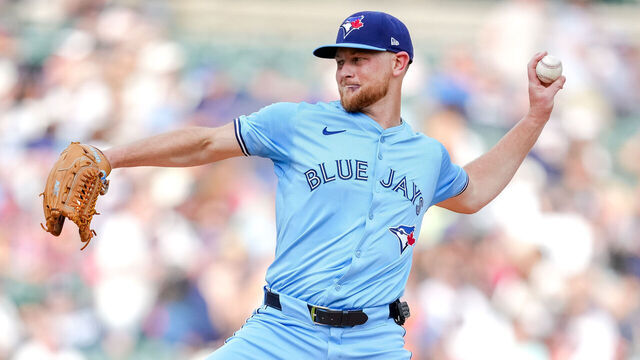 DETROIT, MICHIGAN - JULY 24: Eric Lauer #56 of the Toronto Blue Jays delivers a pitch against the Detroit Tigers during the bottom of the first inning at Comerica Park on July 24, 2025 in Detroit, Michigan.
