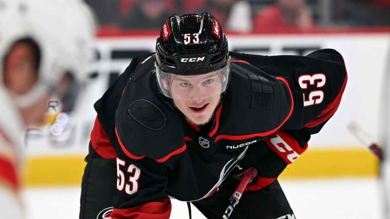 RALEIGH, NC - MAY 20: Carolina Hurricanes right wing Jackson Blake (53) prepares for the faceoff during game one of the Eastern Conference Final of the NHL Stanley Cup Playoffs between the Florida Panthers and the Carolina Hurricanes on May 20, 2025 at Lenovo Center in Raleigh, North Carolina.