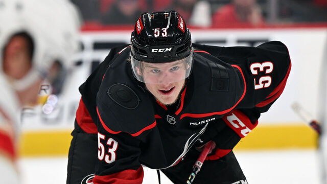 RALEIGH, NC - MAY 20: Carolina Hurricanes right wing Jackson Blake (53) prepares for the faceoff during game one of the Eastern Conference Final of the NHL Stanley Cup Playoffs between the Florida Panthers and the Carolina Hurricanes on May 20, 2025 at Lenovo Center in Raleigh, North Carolina.