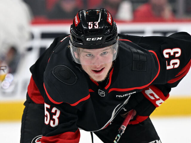 RALEIGH, NC - MAY 20: Carolina Hurricanes right wing Jackson Blake (53) prepares for the faceoff during game one of the Eastern Conference Final of the NHL Stanley Cup Playoffs between the Florida Panthers and the Carolina Hurricanes on May 20, 2025 at Lenovo Center in Raleigh, North Carolina.
