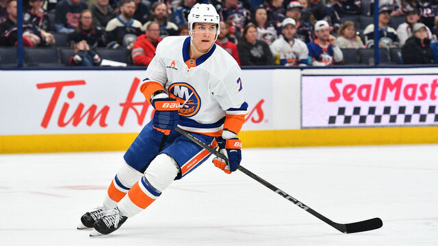 COLUMBUS, OHIO - APRIL 17: Maxim Tsyplakov #7 of the New York Islanders skates during the third period of a game against the Columbus Blue Jackets at Nationwide Arena on April 17, 2025 in Columbus, Ohio.