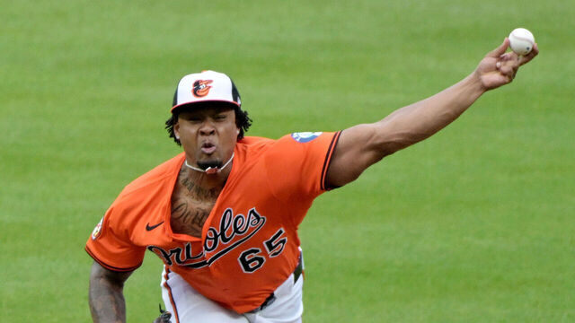 BALTIMORE, MD - JULY 12: Baltimore Orioles pitcher Gregory Soto (65) pitches during the game between the Miami Marlins and the Baltimore Orioles on July 12, 2025 at Orioles Park at Camden Yards in Baltimore, MD.