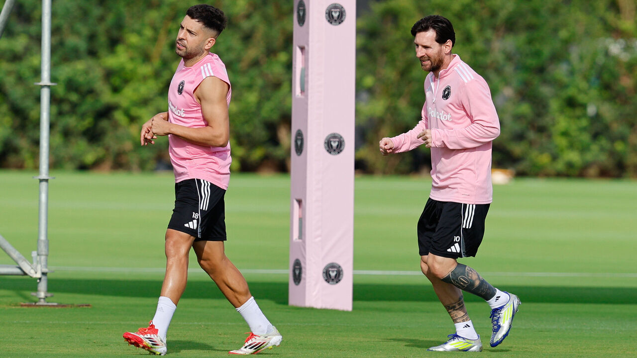 FORT LAUDERDALE, FLORIDA - MARCH 15: Lionel Messi #10 and Jordi Alba #18 of Inter Miami CF are seen at an Inter Miami Training Session at Florida Blue Training Center on March 15, 2025 in Fort Lauderdale, Florida.