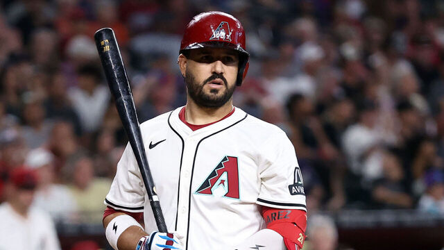 PHOENIX, ARIZONA - JULY 23: Eugenio Suárez #28 of the Arizona Diamondbacks looks on after a check swing call during the game against the Houston Astros at Chase Field on July 23, 2025 in Phoenix, Arizona.
