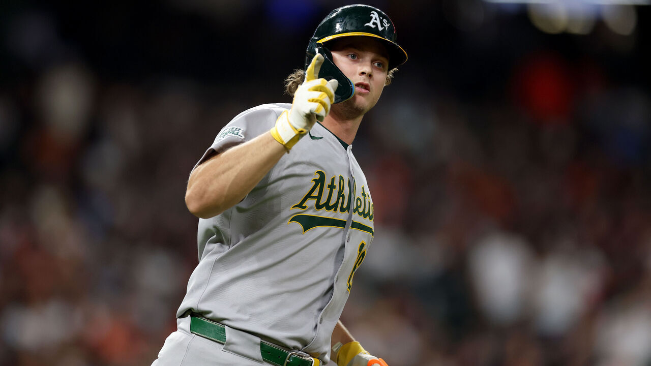 HOUSTON, TEXAS - JULY 25: Nick Kurtz #16 of the Athletics reacts after hitting a two run home run in the second inning against the Houston Astros at Daikin Park on July 25, 2025 in Houston, Texas.