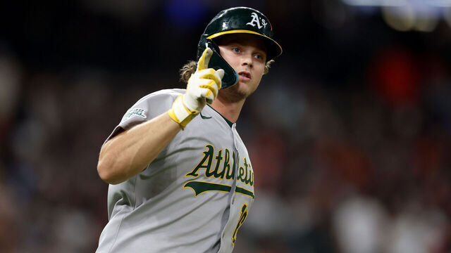 HOUSTON, TEXAS - JULY 25: Nick Kurtz #16 of the Athletics reacts after hitting a two run home run in the second inning against the Houston Astros at Daikin Park on July 25, 2025 in Houston, Texas.
