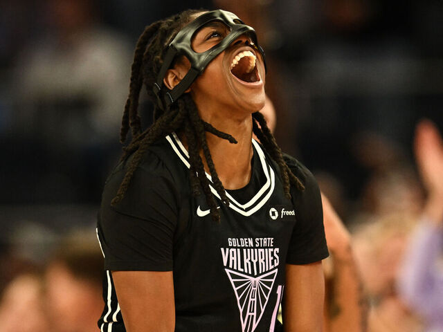 SAN FRANCISCO, CALIFORNIA - JULY 25: Tiffany Hayes #15 of the Golden State Valkyries reacts after a play against the Dallas Wings during the second half at Chase Center on July 25, 2025 in San Francisco, California.