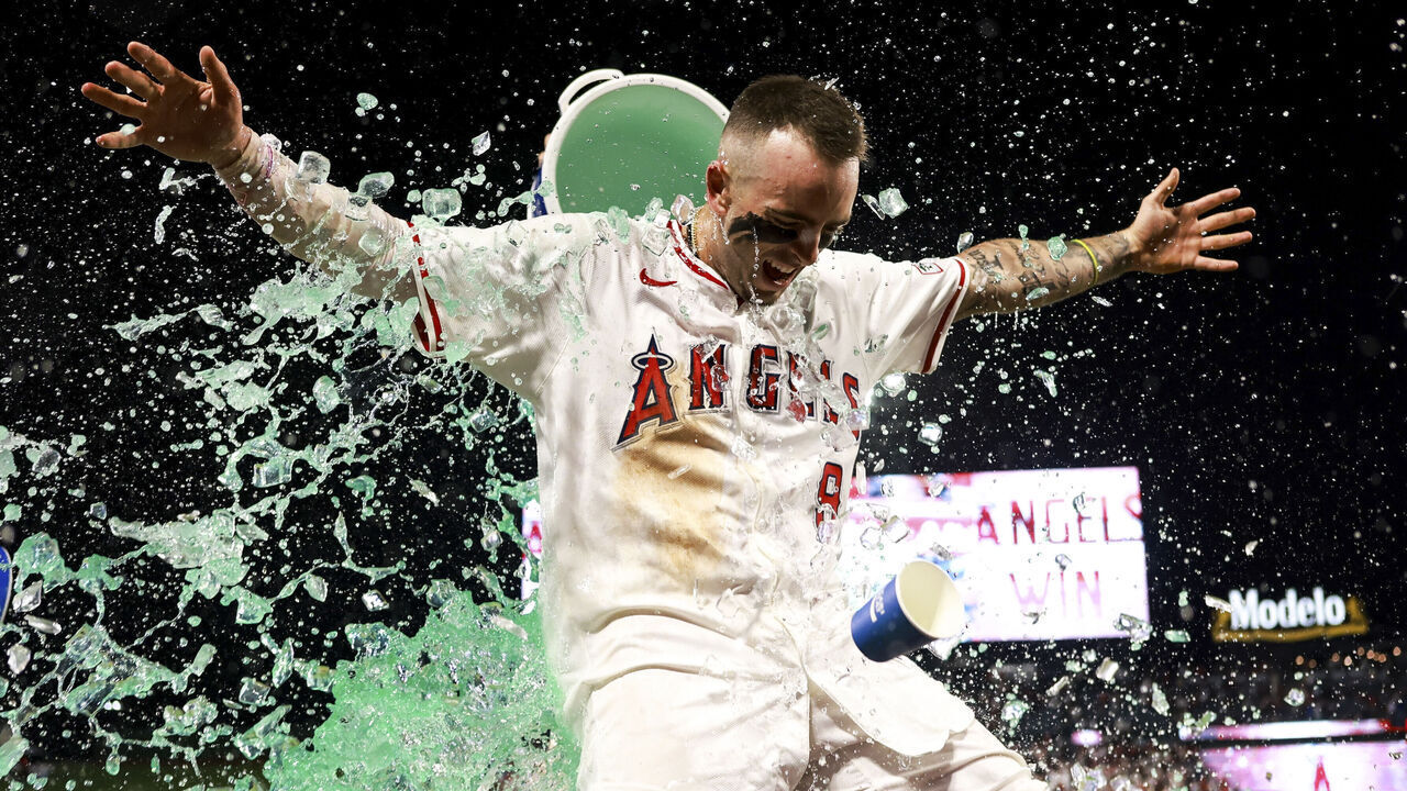 ANAHEIM, CA - JULY 25: Zach Neto #9 of the Los Angeles Angels is showered in a Gatorade bath to celebrate a win after the game between the Seattle Mariners and the Los Angeles Angels at Angel Stadium of Anaheim on Friday, July 25, 2025 in Anaheim, California.