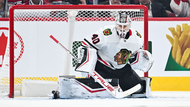 MONTREAL, CANADA - APRIL 14: Arvid Soderblom #40 of the Chicago Blackhawks tends net during the third period against the Montreal Canadiens at the Bell Centre on April 14, 2025 in Montreal, Quebec, Canada. The Chicago Blackhawks defeated the Montreal Canadiens 4-3 in a shootout.