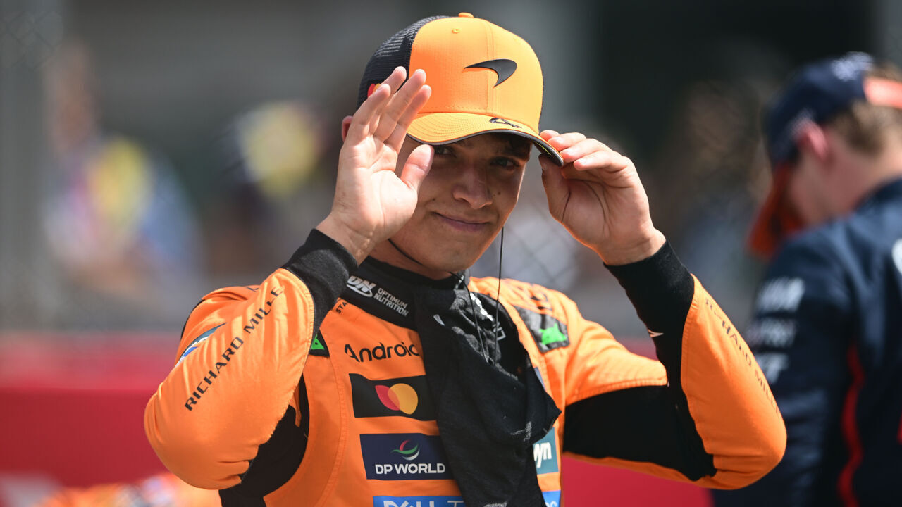 Lando Norris of the McLaren F1 Team celebrates after the sprint race of the Belgian GP, the 15th round of the Formula 1 World Championship, at Spa-Francorchamps Circuit in Malmedy, Wallonia, Belgium, on July 26, 2025.