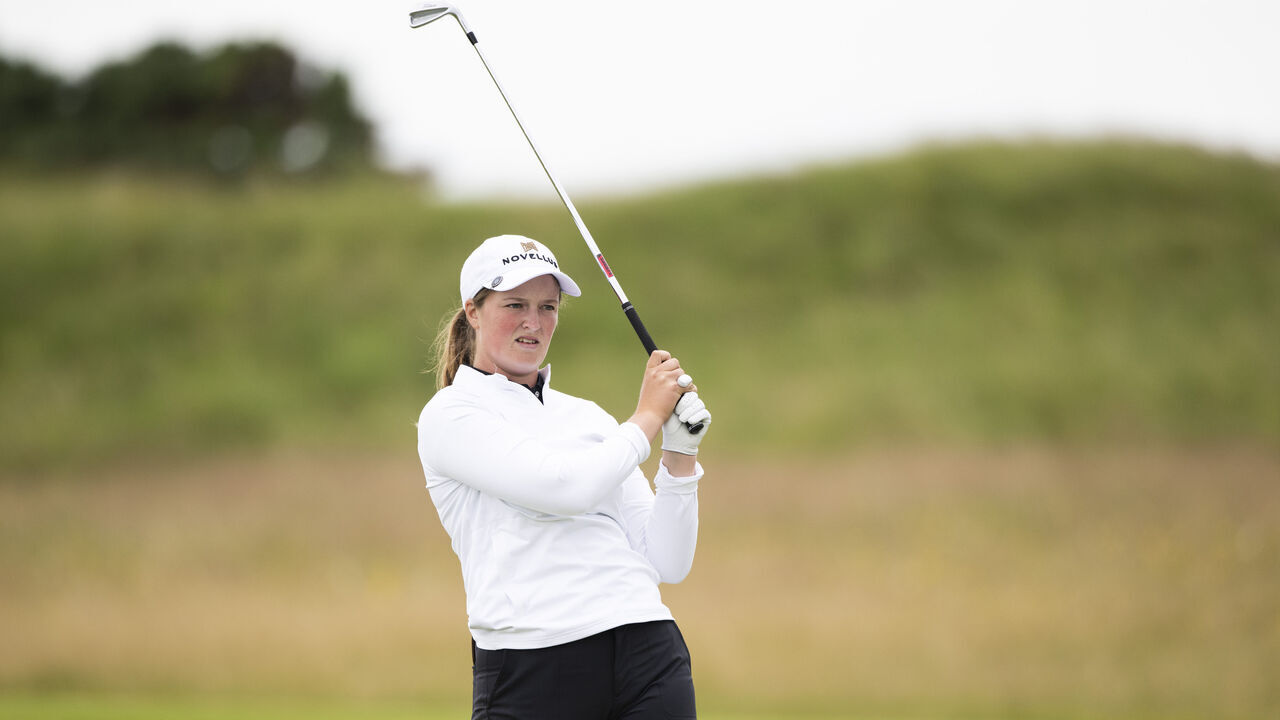 TROON, SCOTLAND - JULY 26: Lottie Woad of England plays her second shot on the 8th hole during the third round of the ISPS HANDA Women's Scottish Open 2025 at Dundonald Links Golf Course on July 26, 2025 in Troon, Scotland.