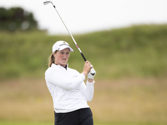 TROON, SCOTLAND - JULY 26: Lottie Woad of England plays her second shot on the 8th hole during the third round of the ISPS HANDA Women's Scottish Open 2025 at Dundonald Links Golf Course on July 26, 2025 in Troon, Scotland.