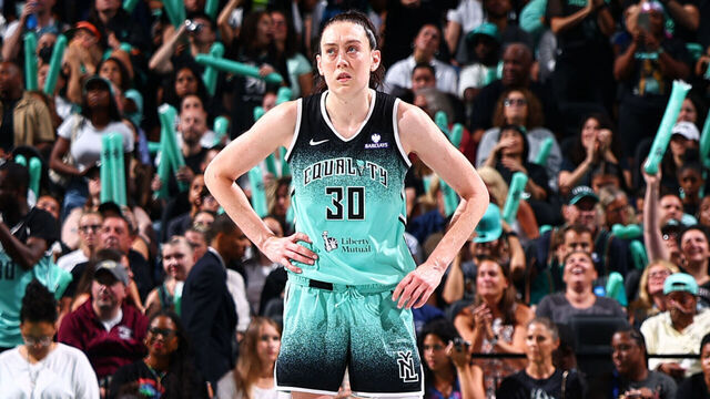 BROOKLYN, NY - JULY 22: Breanna Stewart #30 of the New York Liberty looks on during the game against the Indiana Fever during a WNBA game on July 22, 2025 at Barclays Center Arena in Brooklyn, New York. Mandatory Copyright Notice: Copyright 2025 NBAE