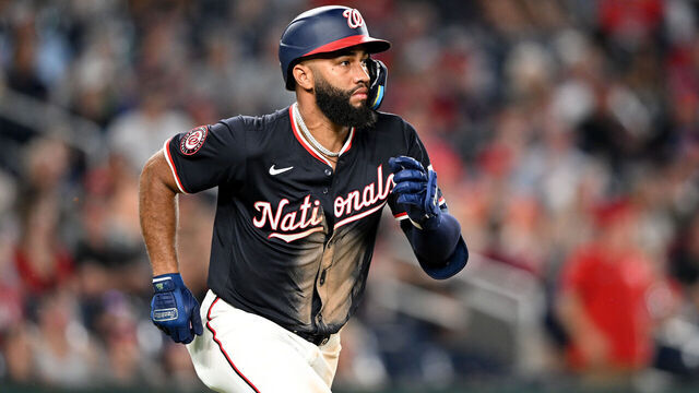 WASHINGTON, DC - JULY 21: Amed Rosario #13 of the Washington Nationals runs to first base against the Cincinnati Reds at Nationals Park on July 21, 2025 in Washington, DC.