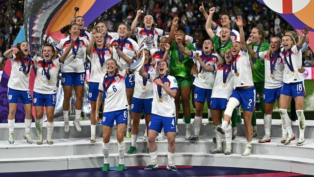 England's players lift the trophy as they celebrate winning the UEFA Women's Euro 2025 final football match between England and Spain at the St. Jakob-Park Stadium in Basel, on July 27, 2025.