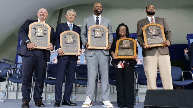 COOPERSTOWN, NEW YORK - JULY 27: Inductees, from left, Billy Wagner, Ichiro Suzuki, CC Sabathia, Willa Allen, representing her late husband late Dick Allen and David Parker II, representing his late father Dave Parker pose for a photograph after the Baseball Hall of Fame induction ceremony at Clark Sports Center on July 27, 2025 in Cooperstown, New York.