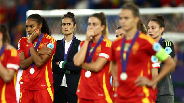 BASEL, SWITZERLAND - JULY 27: Montse Tome, Head Coach of Spain, looks on after the team's defeat in the UEFA Women's EURO 2025 Final match between England and Spain at St. Jakob-Park on July 27, 2025 in Basel, Switzerland.