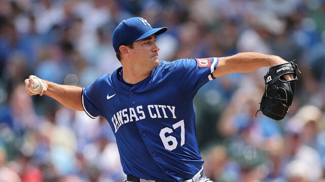 CHICAGO, ILLINOIS - JULY 23: Seth Lugo #67 of the Kansas City Royals delivers a pitch against the Chicago Cubs during the first inning at Wrigley Field on July 23, 2025 in Chicago, Illinois.