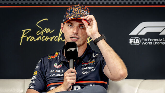 Formula 1 driver Max Verstappen of Red Bull Racing speaks during the press conference after the sprint race and qualification for the Formula 1 Moet & Chandon Belgium Grand Prix 2025 season at the Circuit Spa Francorchamps in Spa, Belgium, on July 26, 2025.