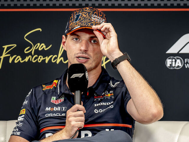 Formula 1 driver Max Verstappen of Red Bull Racing speaks during the press conference after the sprint race and qualification for the Formula 1 Moet & Chandon Belgium Grand Prix 2025 season at the Circuit Spa Francorchamps in Spa, Belgium, on July 26, 2025.