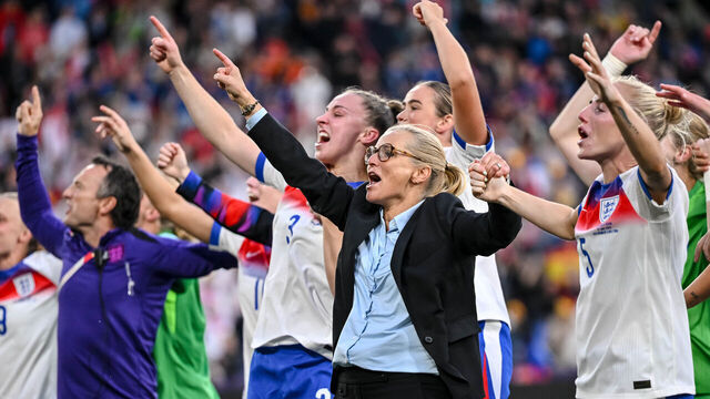 Basel, Switzerland - July 27: head coach Sarina Wiegman of England and the team celebrate after winning the UEFA Women's EURO 2025 Final match between England and Spain at St. JakobPark on July 27, 2025 in Basel, Switzerland.